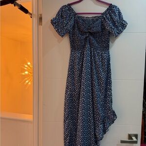 Blue Floral Puff-Sleeve Midi Dress